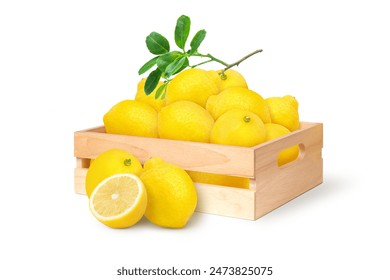 Lemon fruits in wooden crate isolated on white background. - Powered by Shutterstock