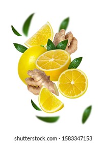 Lemon and ginger composition. Lemon and ginger isolated on white background. Lemon and ginger clipping path.