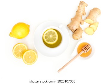 Lemon Ginger Tea Isolated On White Background, Top View