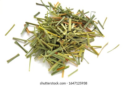 Lemon Grass (Cymbopogon Citratus, Capim Limao, Santo). Pile Of Dried Lemongrass. Dried Sprigs Of Natural Lemongrass, Dried Herb, Herbal Medicine. Selective Focus, Closeup