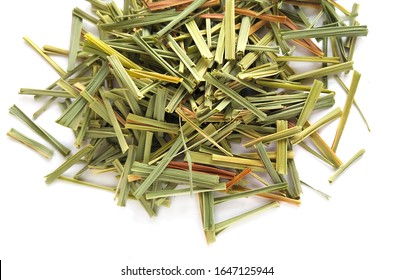 Lemon Grass (Cymbopogon Citratus, Capim Limao, Santo). Pile Of Dried Lemongrass. Dried Sprigs Of Natural Lemongrass, Dried Herb, Herbal Medicine. Selective Focus, Closeup