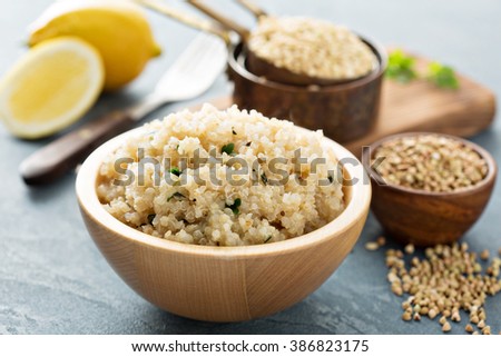 Lemon herbed cooked quinoa in a bowl