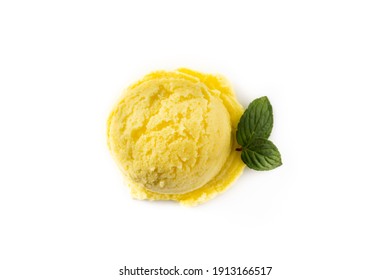 Lemon Ice Cream Scoop Decorated With Mint Leaves Isolated On White Background