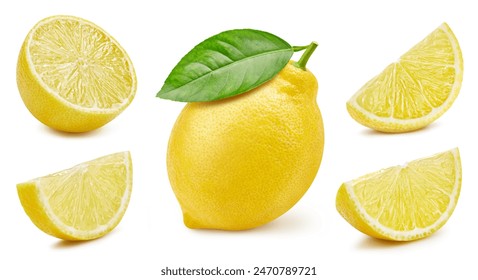 Lemon isolate. Lemon on a white background. Whole, half, lemon slice with clipping path.