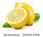 Lemon isolate on white. Lemon fruit whole and a half with leaves. Side view on white. With clipping path.