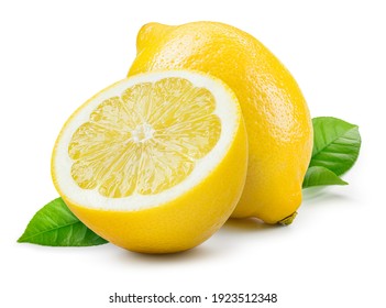 Lemon isolate on white. Lemon fruit whole and a half with leaves. Side view on white. With clipping path.
