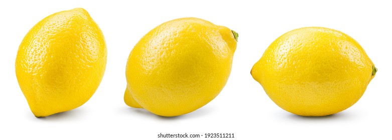 Lemon isolate on white. Lemon side view on white collection. Whole lemon. one, 1 fruit. With clipping path. Not AI lemon, real photo.
