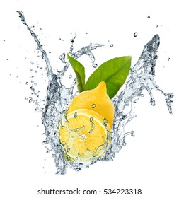 Lemon, Leaves And Water Splash