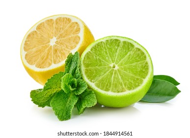lemon, lime and mint leaf isolated on white background