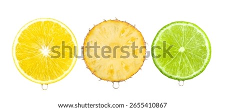lemon, lime , pineapple slice with  Water drop isolated on white background
