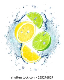 Lemon, Lime And Water Splash Isolated On White