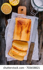 Lemon Loaf Cake On Wooden Background. Top View.