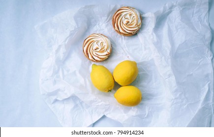 Lemon Meringue Pie With Fruits On Wooden Background. Top View. ,homemade Dessert Concept