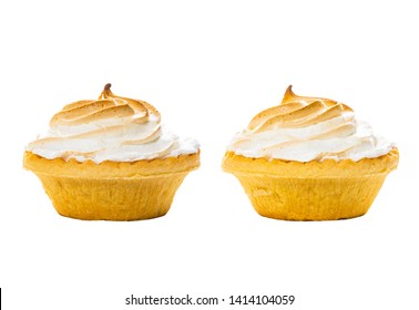 Lemon Meringue Pie. Small Lemon Meringue Pie Dessert Shortcrust Pastry With Lemon Custard Filling And Fluffy Meringue Topping Isolated On A White Background. Selective Focus.