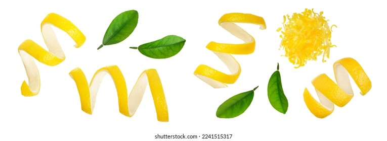 Lemon peel with leaf isolated on white background without a shadow. Healthy food