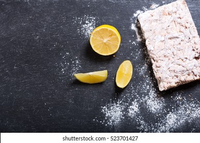 Lemon Pie With Fresh Fruit On Dark Background, Top View.