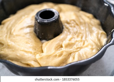 Lemon Pound Cake Batter In A Baking Bundt Pan Ready To Be Baked.