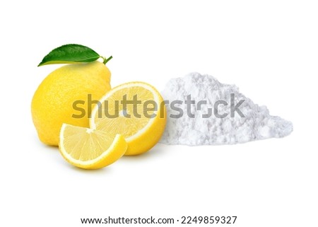 Lemon powder (citric acid powder) and fresh lemon fruit isolated on white background.