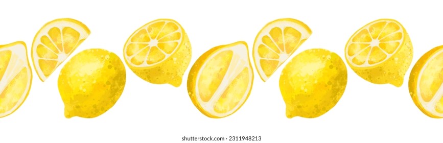 Lemon seamless border fruit illustration, cute citrus watercolor jpeg repeat digital file on a white background