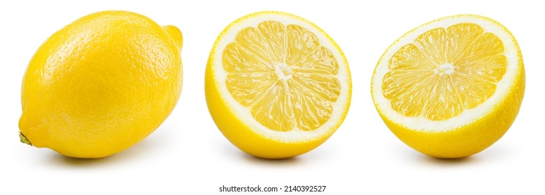 Lemon set isolated on white. Whole fruit and a half of lemons on white background. With clipping path. Full depth of field.
