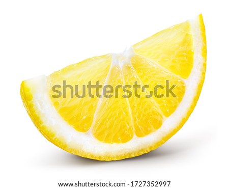 Lemon slice isolate. Cut lemon slice side view. Lemon slice with zest isolated. With clipping path. Perfect not AI lemon, true photo.