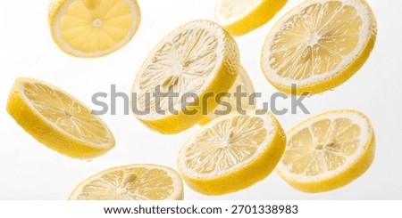 Lemon slices float with water droplets on a white background.