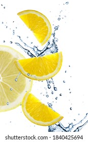 lemon slices flying in splashing water  isolated on white background