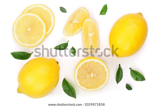 白い背景にレモンと薄切りの葉 平面 平面図 の写真素材 今すぐ編集