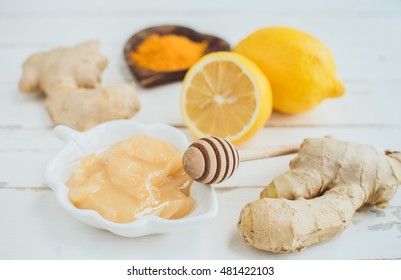 Lemon, Turmeric, Honey And Ginger. Healthy Concept