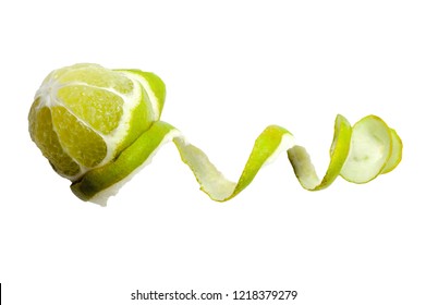 Lemon Twist Garnish Of Peel Fruit In Cocktail Decoration On Isolated White Background