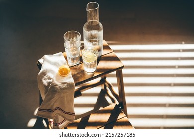 Lemon Water On Wooden Table. Still Life.