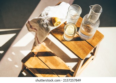 Lemon Water On Wooden Table. Still Life.