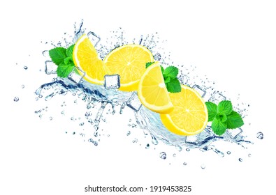 Lemon Water Splash, Ice Cubes Isolated On White