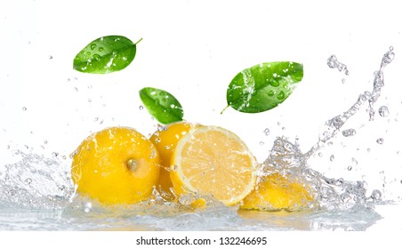 Lemon With Water Splash Isolated On White