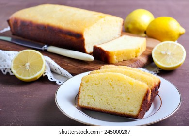 Lemon Yogurt Loaf Cake, Sliced On Plate