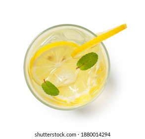 Lemonade In A Glass Placed On A White Background. View From Directly Above