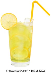 Lemonade With Ice Cubes On White Background.