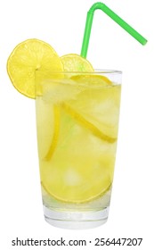 Lemonade With Ice Cubes On White Background.