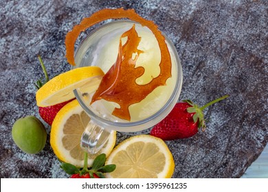 Lemonade With Ice. Fresh Lemonade With Strawberry, Mint Shot Top Down On Rustic Table.