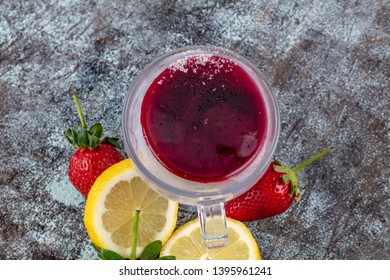 Lemonade With Ice. Fresh Lemonade With Strawberry, Mint Shot Top Down On Rustic Table.