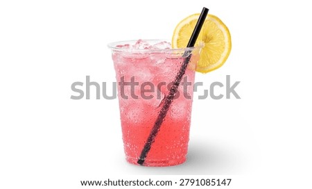 ​Pink lemonade with ice and a lemon slice in a plastic cup isolated on white background