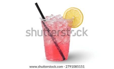​Pink lemonade with ice and a lemon slice in a plastic cup isolated on white background