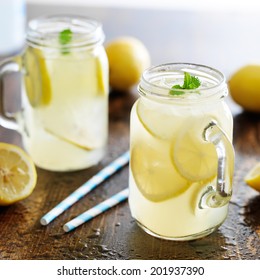 Lemonade In Jar With Ice And Mint