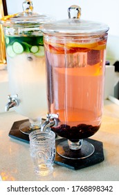 Lemonade And Strawberry Lemonade Beverage Station For Fun Party. Beverage Dispenser Pouring Station To Host A Fun BBQ. 