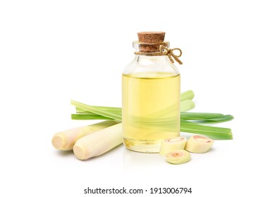 lemongrass essential oil with fresh lemongrass isolated on white background.
