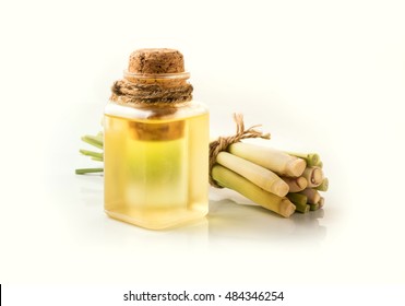 Lemongrass Essential Oil On White Background.