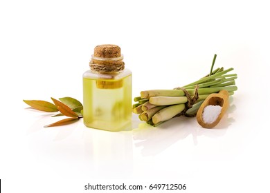 Lemongrass Essential Oil On White Background.