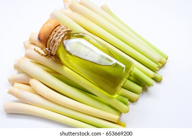 Lemongrass Essential Oil On White Background. 