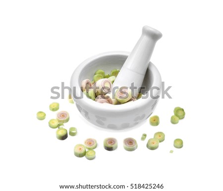 Lemongrass on white mortar and pestles isolated on white background