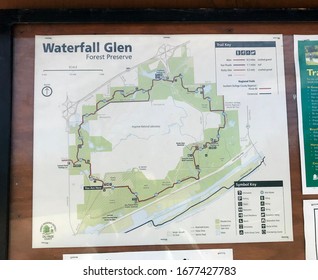 Lemont/Darien, Illinois/USA - 4-16-19. Map of Waterfall Glen Forest Preserve; hiking, biking, skiing, and horseback riding trails. This preserve surrounds Argonne National Laboratory in DuPage County